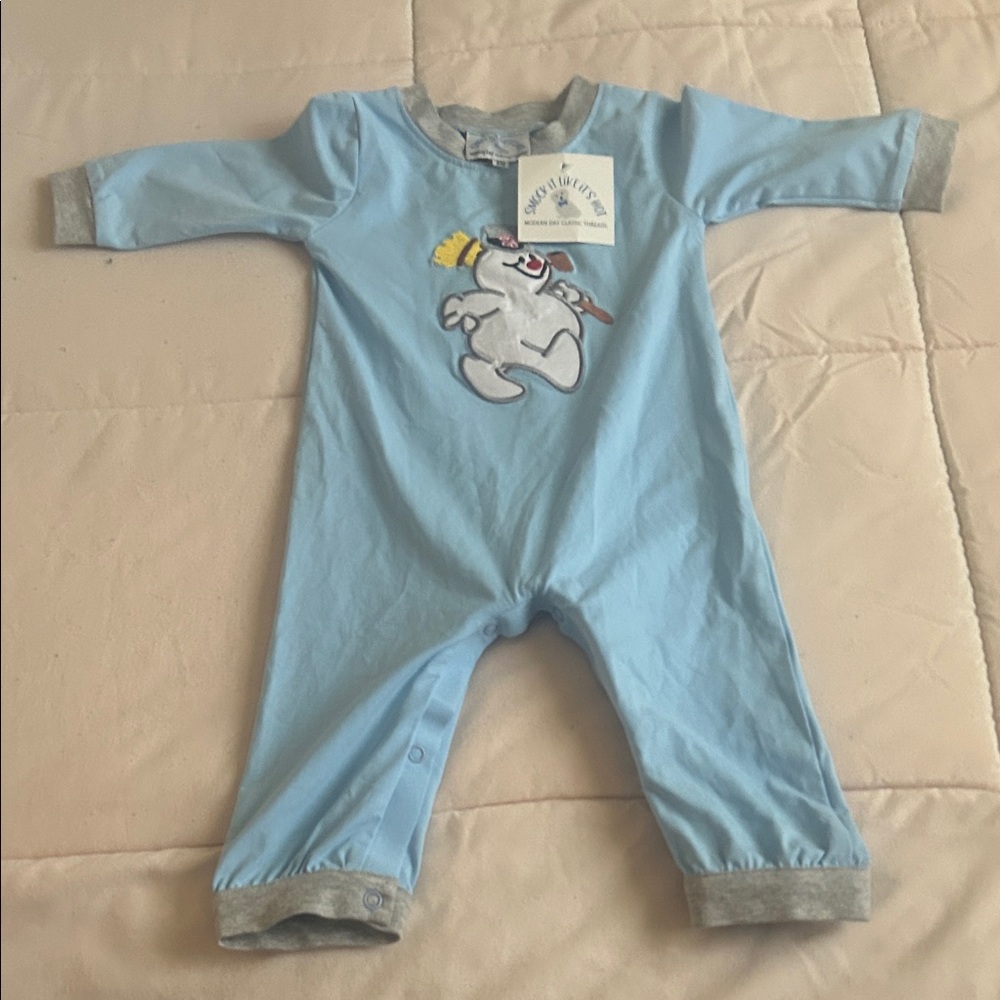 Charming Light Blue Kids Footie with Snowman Design